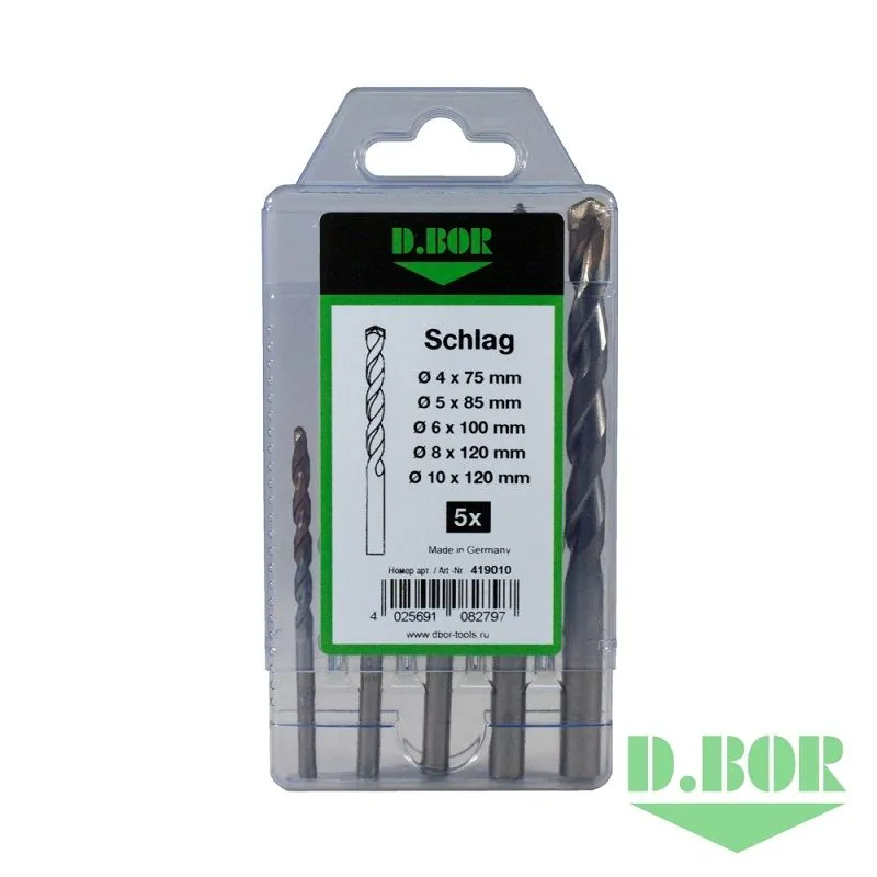 Набор сверл Schlag 5 шт. (4*85, 5*85, 6*100, 8*120, 10*120) D.BOR по бетону 62974